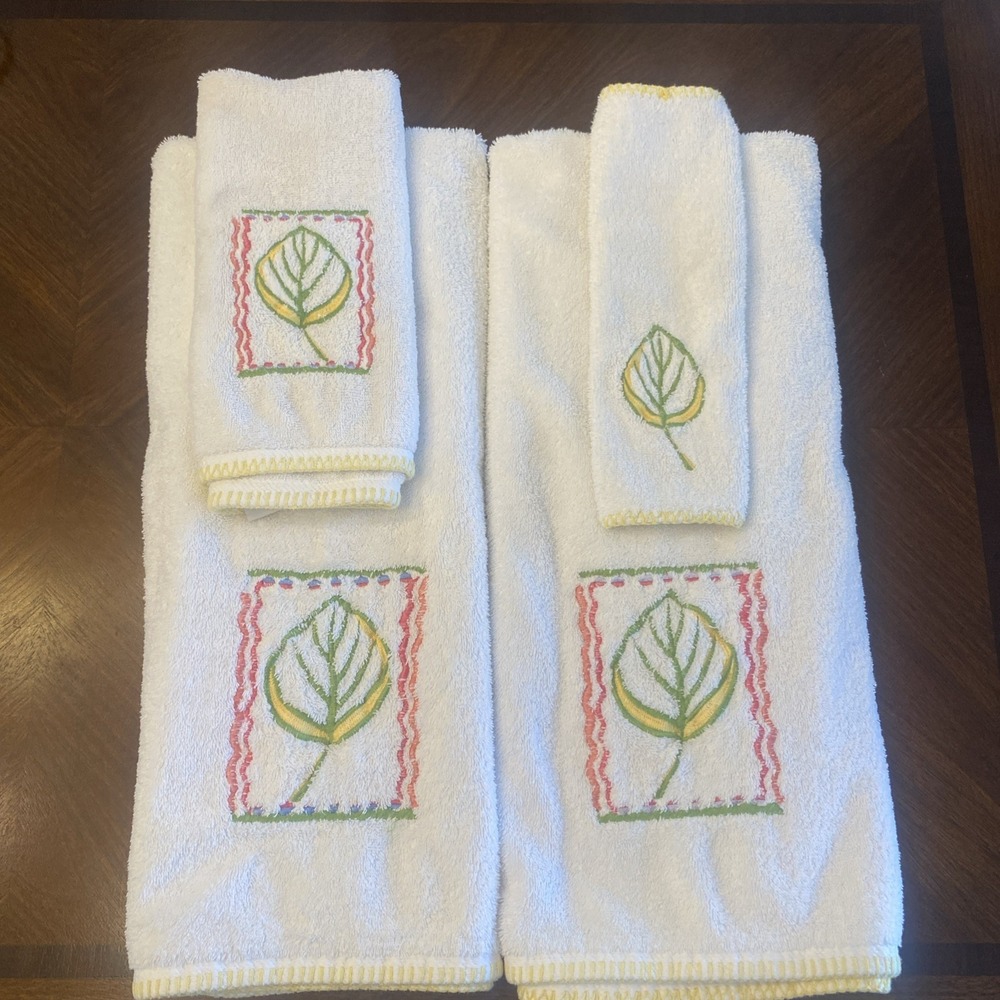 VTG 90s Home Innovations Cotton Embroidered Towel SET 5pc Made USA Yellow White‎